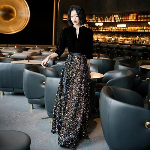 Noble V-neck Evening Dress Bling Sequins Banquet Dress Temperament A-line Prom Dress Velour Patchwork Party Dress Plus Size 3XL