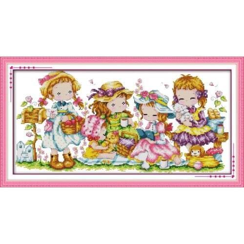 Everlasting Love Happy Girls Chinese Cross Stitch Kits Ecological Cotton Stamped 14CT 11CT DIY Gift Wedding Decoration For Home