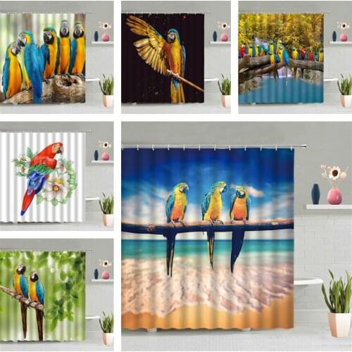 Seaside Parrot Shower Curtain Forest Waterfall Scenery Summer Flower Bird Bathroom Wall Hanging Curtains Waterproof Screen Decor