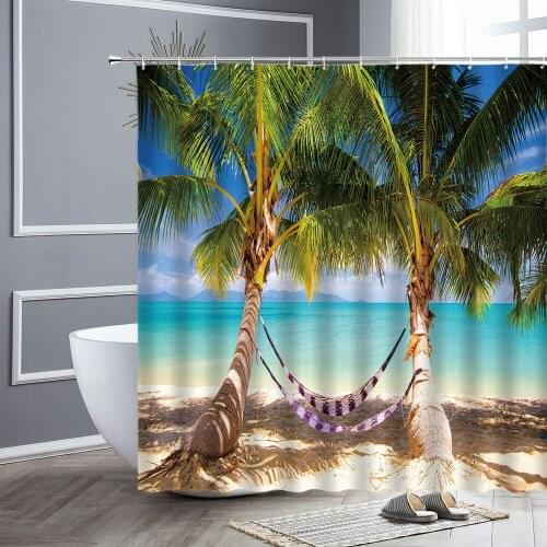 Sunny Beach Print Cloth Shower Curtain Set Tropical Plants Ocean Scenery Waterproof Bathroom Decor Home Wall Decors Bath Curtain