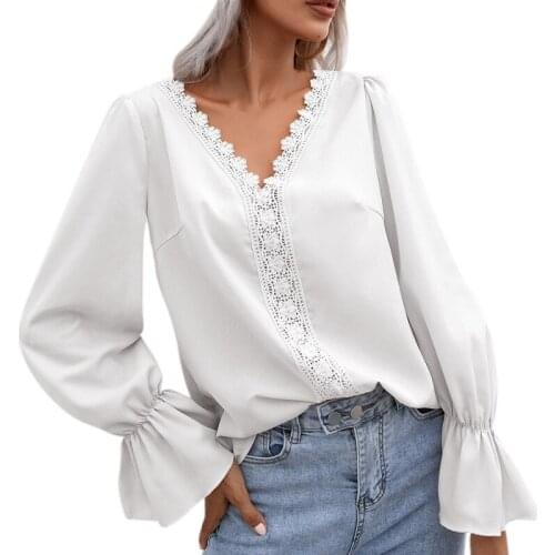 Summer Women Shirts Lace Patchwork Hollow Out V Neck Long Sleeve Solid Pullover Top