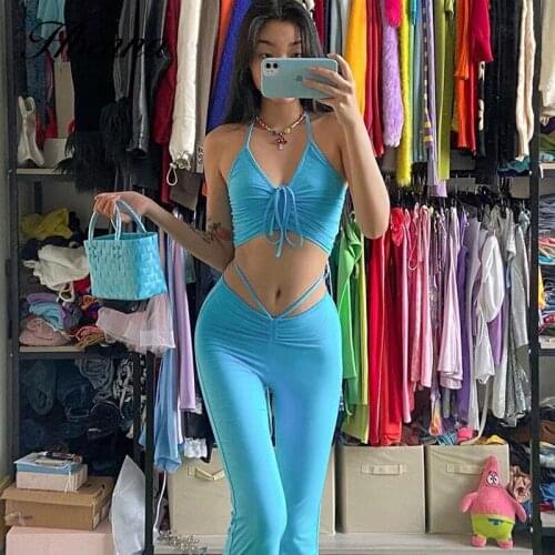 Hbenna Pant Sets Women Halter Crop Tops and Flare Leggings Sexy 2 Pieces Set Women Fashion Summer Backless Bandage Street sets