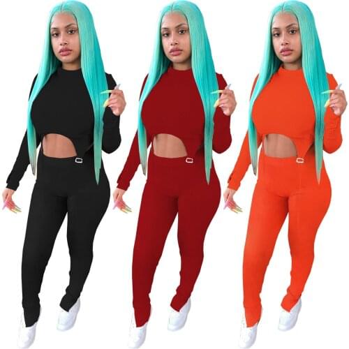 Echoine Autumn Woman Stitching Round Neck Double Sleeves Irregular Crop Top Trousers Casual Two Piece Set Fashion Streetwear