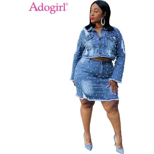 Adogirl XL-5XL Plus Size Women Pearls Jeans Two Piece Set Dress Washed Holes Long Sleeve Short Jacket Bodycon Mini Skirt Suit