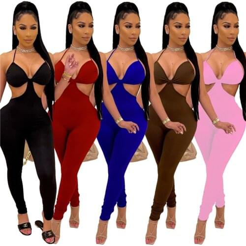 Adogirl Women Solid Spaghetti Straps Jumpsuit Bra Hollow Out V Neck Backless Skinny Romper Fashion Casual Overalls Clubwear