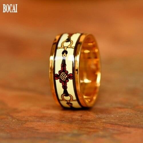 BOCAI 2020 New Burning Blue Enamel Color Ring for Women Fashion Enamel Color Jewelry High Quality Gifts Chinese knot Woman Rings