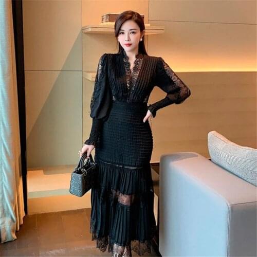 Women Lantern Sleeve Lace Patchwork Pleated Dress Female Elegant V-Neck High Waist Hollow Out Sexy Long Dresses
