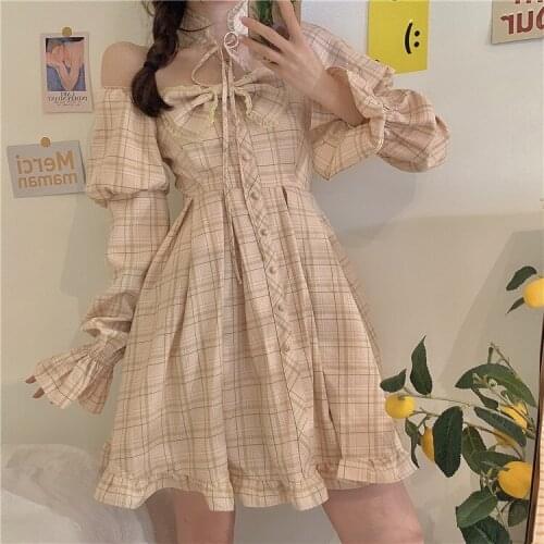 Japanese Sweet Lolita Bowknot French Square Collar High Waist Flared Sleeve Plaid Ruffle Dress Women Summer Dress