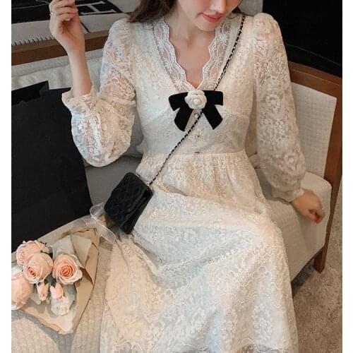 French Vintage Midi Dress Women V-Neck Long Sleeve Evening Party Dress Lace Elegant Casual One Piece Dress Korean 2021 Autumn
