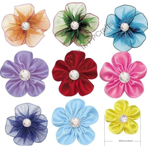 30MM Satin Double /Organza Ribbon Petaled Bow With Bead For Packing Cloth Hairbow DIY Crafts 200pcs Free Shipping