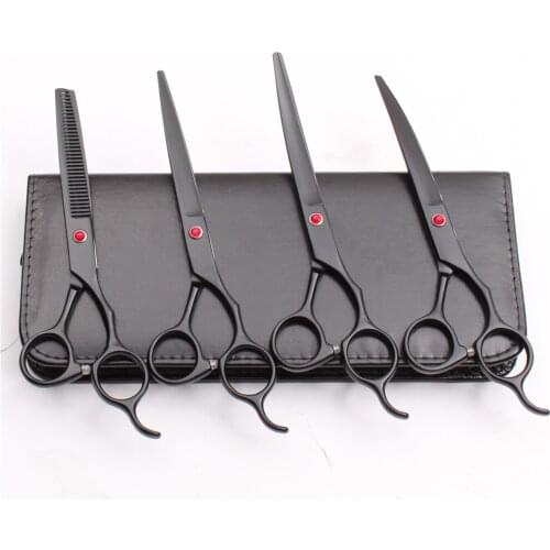 4Pcs Suit 7 inch 19.5cm Japan Customized Logo Black Pets Hair Grooming Shears Cutting+Thinning Scissors+ UP&ampDown Curved Shear