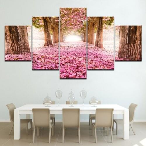 HD Prints living room Home Decor Wall Art romantic forest landscape Pictures 5 Pieces Pink Flowers Sea Canvas Paintings Posters