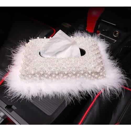 White Pearl Home Office Tissue Box with Bling Bling Crystals Car Paper Towel Cover Case Tissue Box for Women Girls