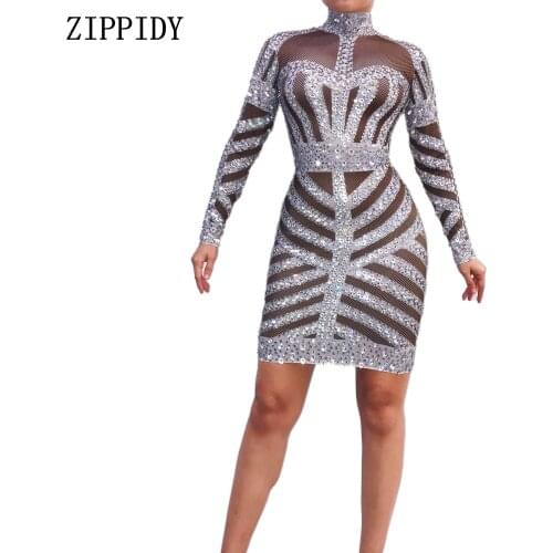 Shining Silver Rhinestones White Dress Womens Birthday Prom Celebrate Long Sleeves Dress Evening Dance Stretch Costume