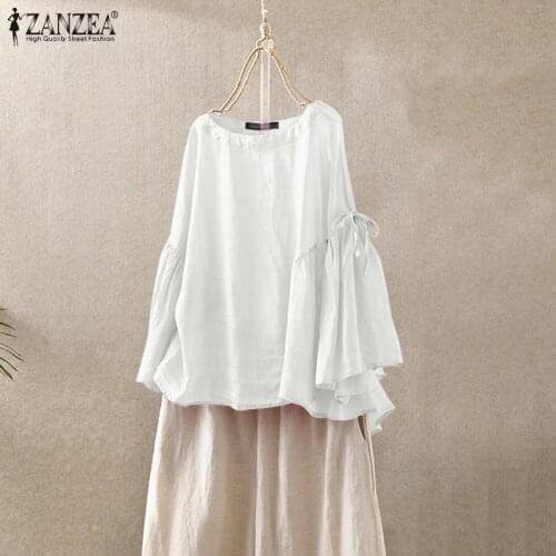 Summer Blouse 2021 ZANZEA Women Vintage Tunic Tops Casual Loose Blusas Female O neck Long Flare Sleeve Solid Work Shirt Chemise