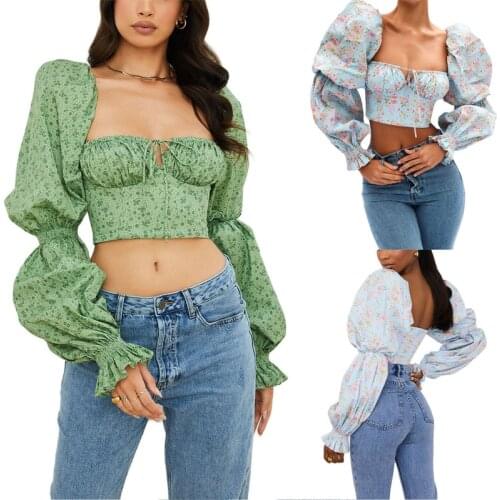CHRONSTYLE OL Sexy Shirts Women Floral Print Long Puff Sleeve Low-cut Square Neck Pullovers Fall Spring Basic Blouses Crop Tops