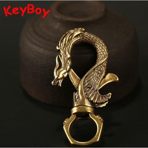 Pure Copper Phoenix Key Chain Car Key Ring Pendant Metal Brass Waist Buckle Clasp Keychains Vintage Men Keyrings Hanging Jewelry