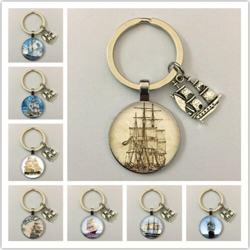 Vintage sailing ship pattern keychain round glass cabochon dome keychain A great gift for friends