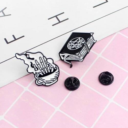 Flame Brooch Witch Magic Book Brooch Skull Hand Personality Pins Black Crystal Ball Chest Brooch Funny Bag Clothes Accessories
