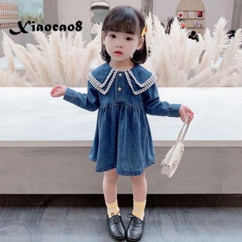 Long Sleeve Denim Dress for Girls Autumn Childrens Cotton Clothing Toddler Baby Girl Fall Clothes Cute Blue Princess Dresses