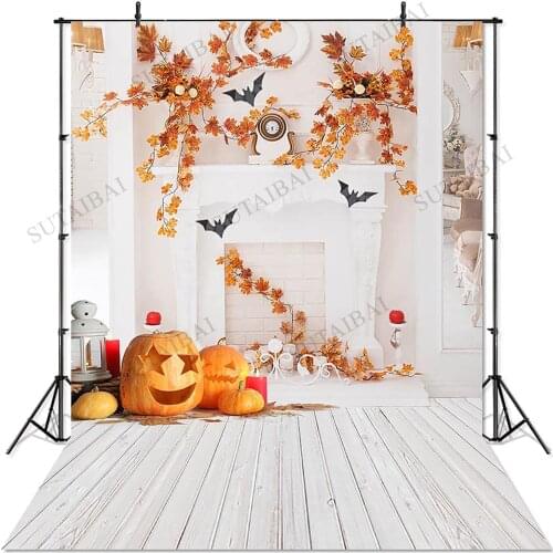 Halloween Photography Backdrop Fall Maple Leaves Autumn Pumpkin White Fireplace Bat Photoshoot Background Autumn Backdrops