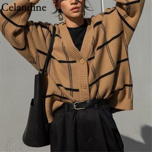 Celandine Autumn V Neck Plaid Knitted Cardigan Sweater Women Fashion Casual Lantern Sleeve Tops Loose Single Breasted Outwear