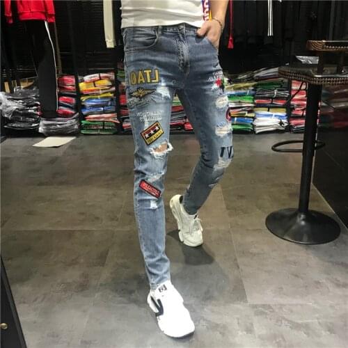 European Style 2021 Fashion Trend Casual Mens Embroidered Denim Trousers Erkek Kot Pantolon Skinny Jeans Men Letter Jeans Hombre