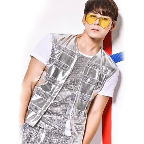 Fashion Nightclub 3pcs Set For Men Dance Cosutme Silver Clothing Punk Rock Male Singers Stage Clothes Jazz Dance Costume BL2066