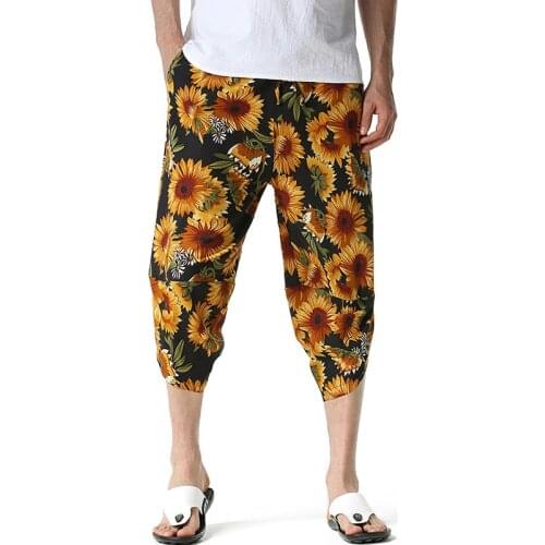 Sunflower Mens Trousers New Linen Calf-Length Print Pants Men Hawaiian Baggy Harem Pants Casual Breathable Harajuku Streetwear