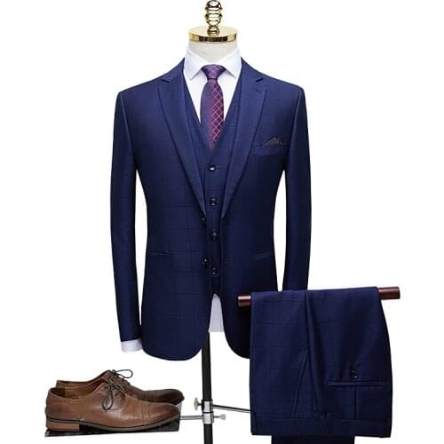 Men Black Plaid Suits for Man Slim Fit 3 Piece Groom Wedding Suit Brand Clothing Mens Business Suits