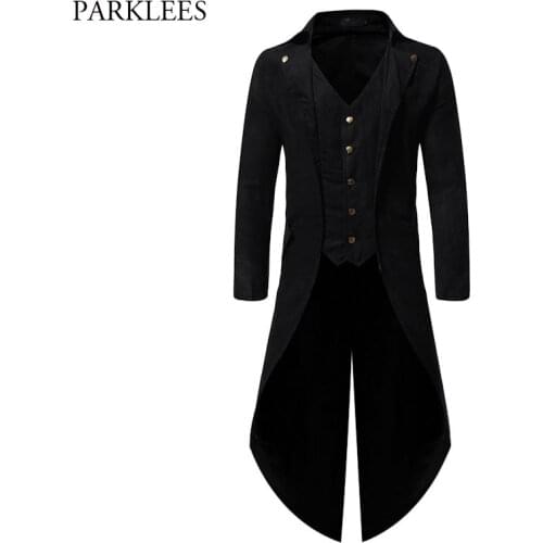 Medieval Steampunk Tailcoat Men Vintage Dark Wind Halloween Costume Men Gothic Victorian Frock Coat Cosplay Black M-4XL