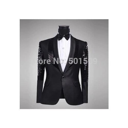 Free shipping mens black sequins decoration tuxedo jacket black/party/stage performance