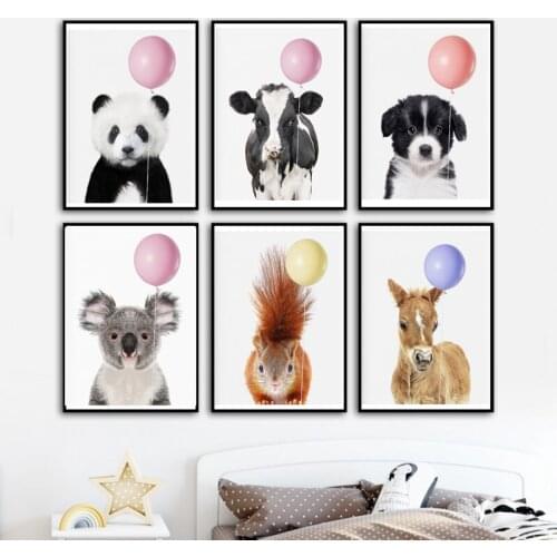 Koala bear cow panda dog pink balloon foam animal wall art canvas painting posters picture children home wall decoration