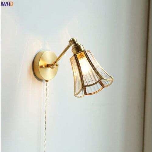 IWHD Japan Style Copper Wall Sconce Beside Bathroom Mirror Stair Light Glass Nordic Modern Wall Lamp Pull Chain Switch LED