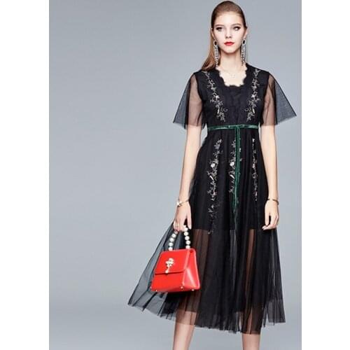 New Women Lace Dress Summer 2021 Fashion Elegant Embroidery V-Neck Short Sleeve Gauze Slim A-Line Long Dress