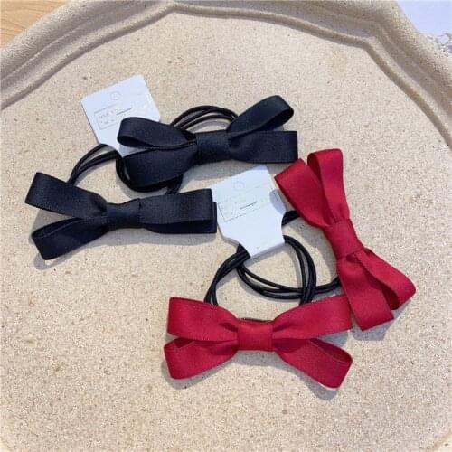 1 Pair Childrens Simple Red and Black Ribbon Fabric Bowknot Hair Rope Rubber Band Headwear Fashion Sweet Girl Hair Accessories