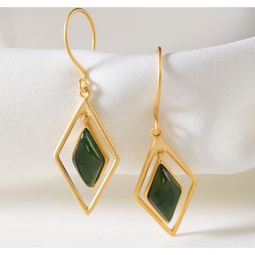 Natural Hetian Jade Eardrops S925 Sterling Silver Gold Plated Personality Fashion Geometric Diamond Earrings Earring Ornament
