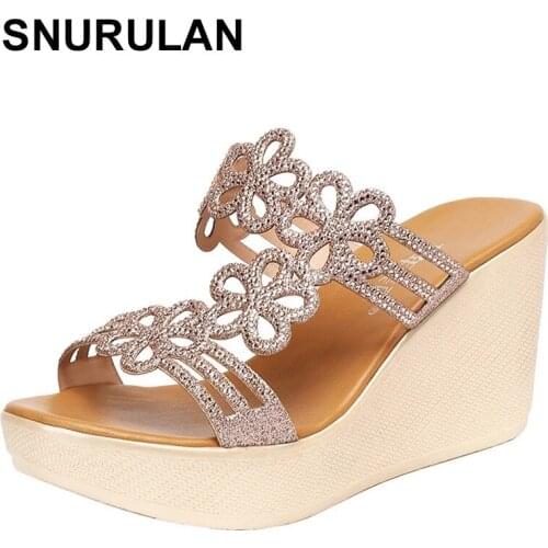 SNURULAN Plus Size 41 Platform Shoes Summer Wedges Slippers 2021 Rhinestone Wedding Shoes High Heels Slides Women Slipper