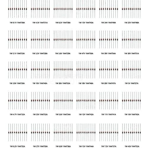 1W Zener Diode Assorted Kit (3V 3.3V 3.6V 5.1V 5.6V 7.5V 10V 12V 13V 15V 16V 18V 20V 22 Voltage stabilizing