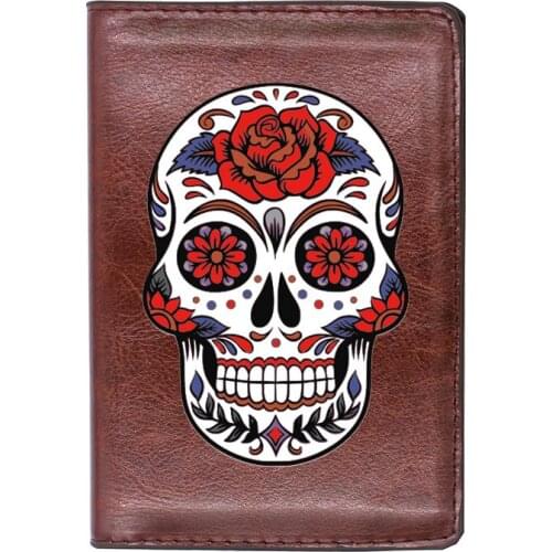 High Quality Leather Cool Punk Skull Flower Printing Travel Passport Cover ID Credit Card Case