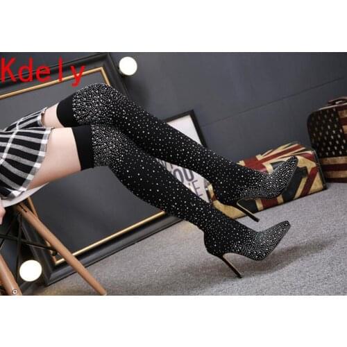 2021 Women Over The Knee Boots Glitter Crystal Bling Pointed Toe Sock Boots Big Size Shoes Ladies Woman Pumps Thin High Heels