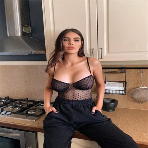 Womens Spaghetti Straps See-through Mesh Lingerie Sleeveless Black Polka Dot Romper Sexy Underwear Sleepwear Bodysuits