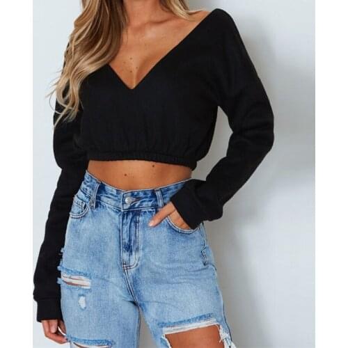 2019 Autumn Winter Fashion Women Fashion Hoodies V-neck Long Sleeve Crop Coat Flocking Warm Sweatshirt Sexy Clubwear