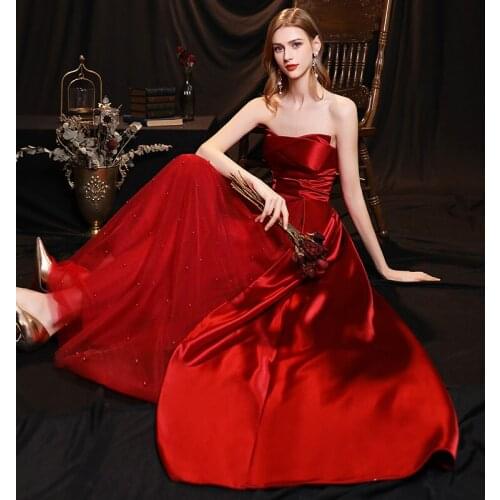 2021 Elegant Prom Dress Strapless A Line Burgundy Satin Tulle Pleated Sleeveless Evening Dresses Sexy Wedding Banquet Party Gown