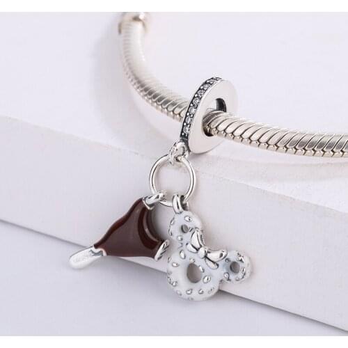 925 Sterling Silver Coffee Ice Cream And White Zircon CZ Mickey Pendant Charm Bracelet DIY Jewelry Making For Original Pandora