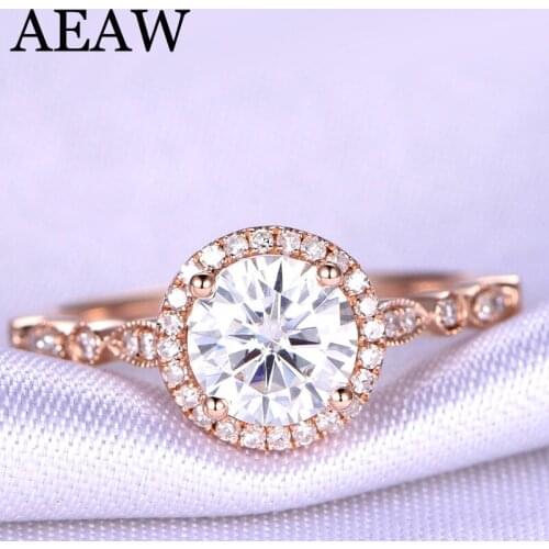 AEAW 2 Carat 8mm DEF Round Excellent Cut Moissanite Halo Ring 14k RoseGold For Engagement Half Eternity Band For Bridal