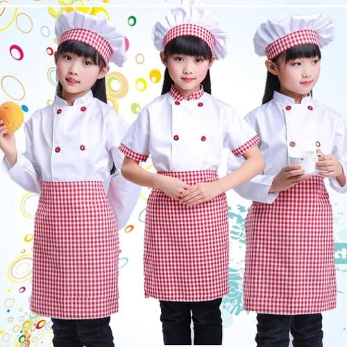 2021 Childrens Day Carnival Party Wear Kids Chef Uniform Shirt Apron with Cap Food Service Plaid Halloween Fancy Clothing