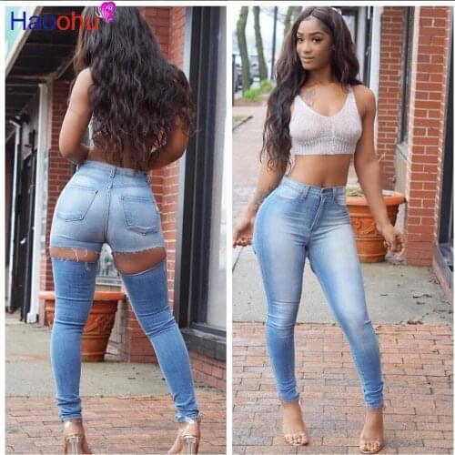 HAOOHU Sexy Street Plus Size High Waist Butt Ripped Jeans For Women Skinny Push up Jeans Ass Hole Jean Woman Pencil Denim Pant