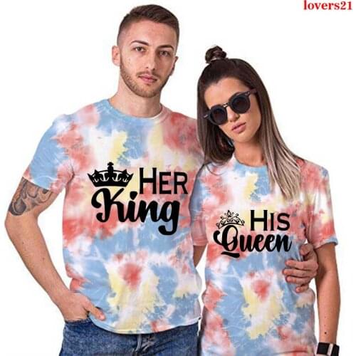 King Queen Couples T Shirt Crown Print Couple Clothes Summer Women Man Tie Dye T-shirt Casual O-neck Loose Lovers Tee Shirt Tops
