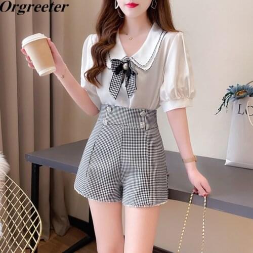 High quality Preppy Style 2 piece set Women Double collar Lantern sleeve Pearl Bowknot Chiffon Shirt and Houndstooth Shorts Sets